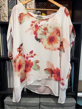 Calvin Klein White Floral High-Low Tunic with Orange & Coral Blooms